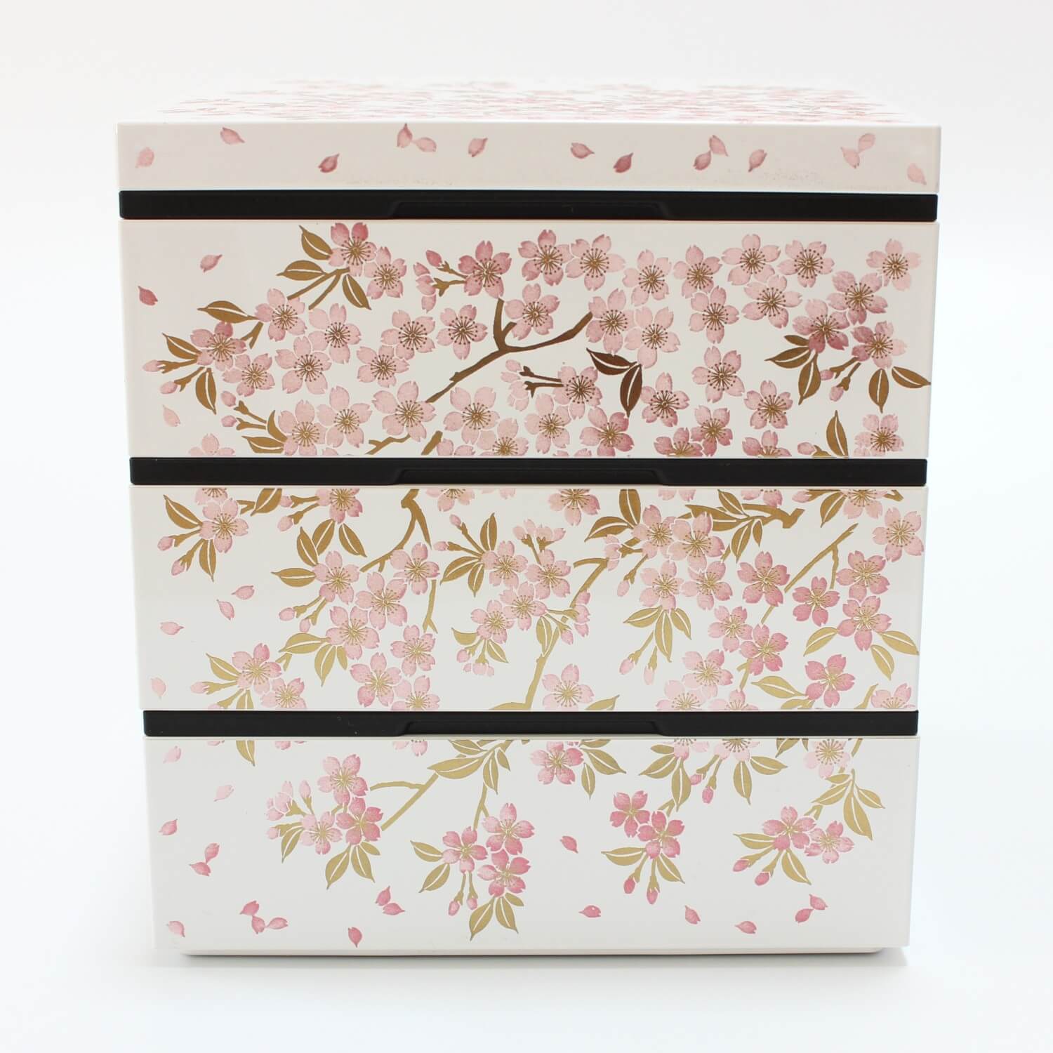 side profile of sakura white pink picnic bento box showing the sakura print
