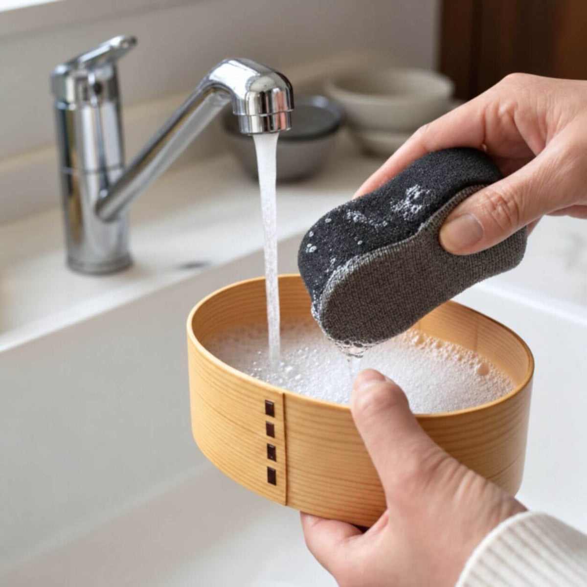 washing wooden bento box with sponge