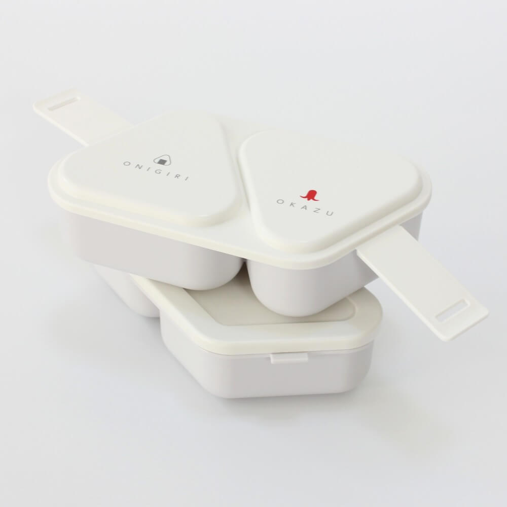 white onigiri 2 tiered bento box top and bottom layers