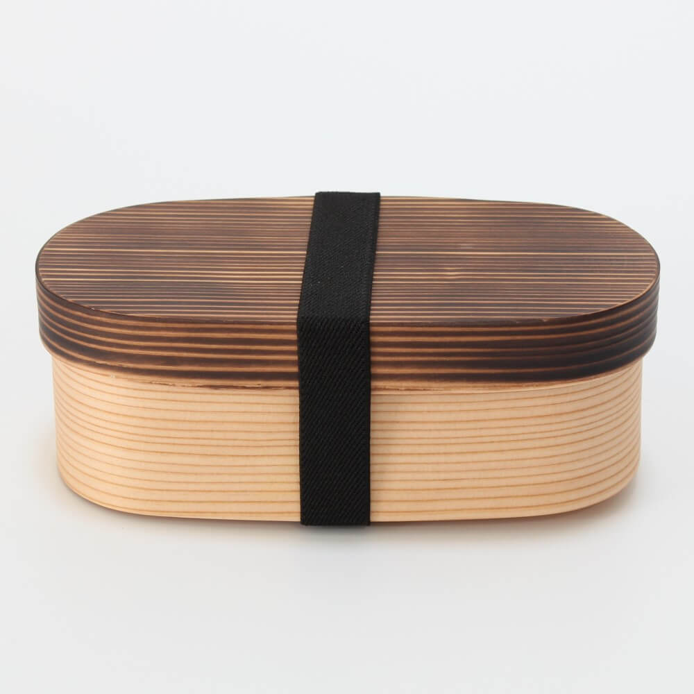 yakisugi wooden bento box secured by a black bento elastic band