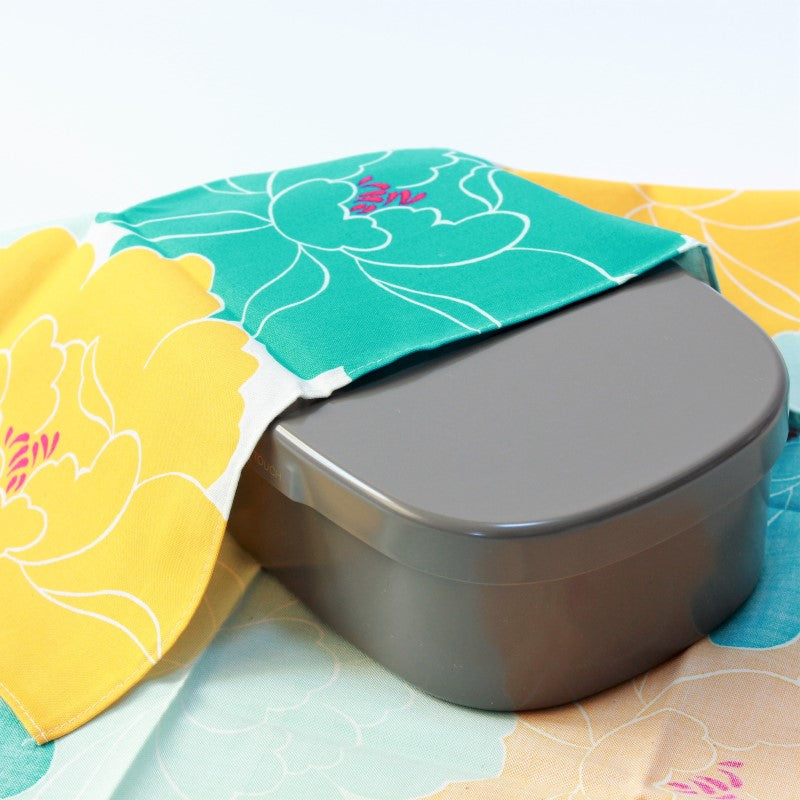 Hime musubi peony blue furoshiki covering a bento box