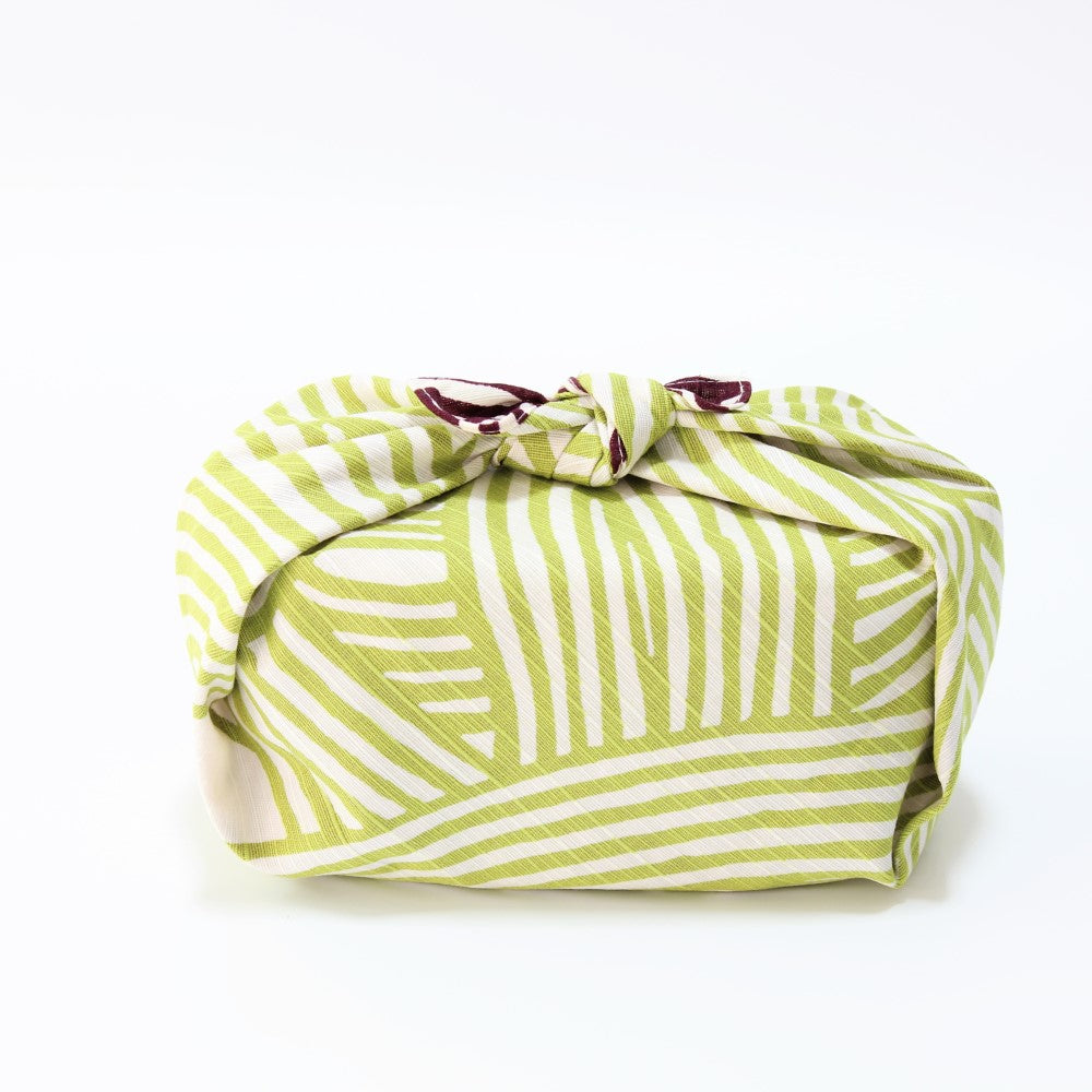 Side view of green side of Isa Monyo Furoshiki wrapped around bento box