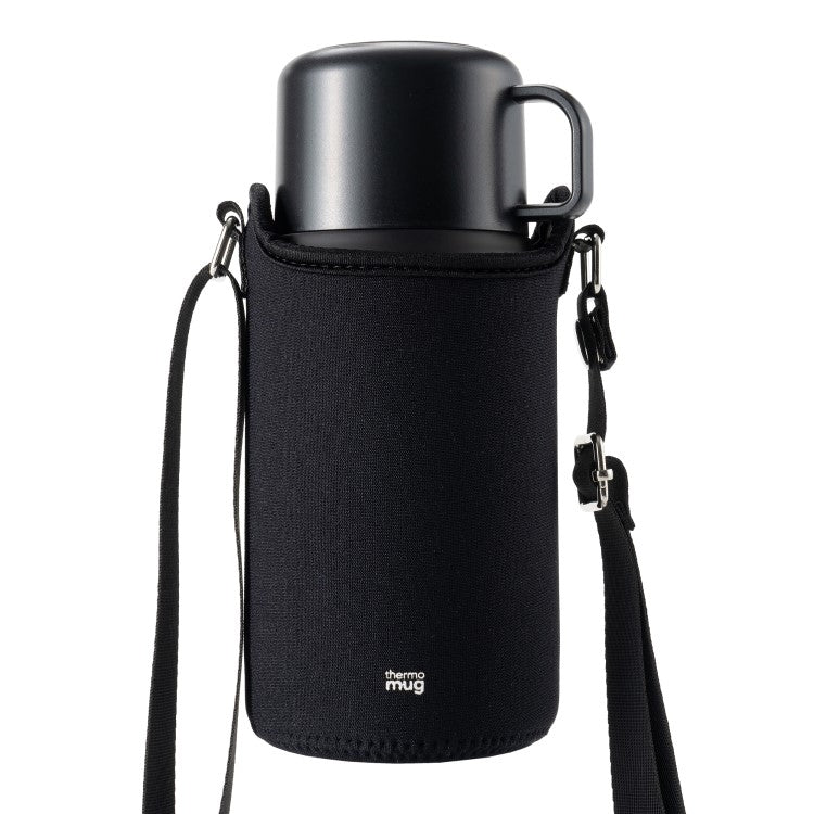 Side view of trip bottle black with jacket and adjustable straps