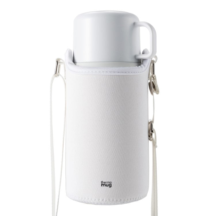Front view of the trip drink bottle from thermo mug, with outer jacket with adjustable straps