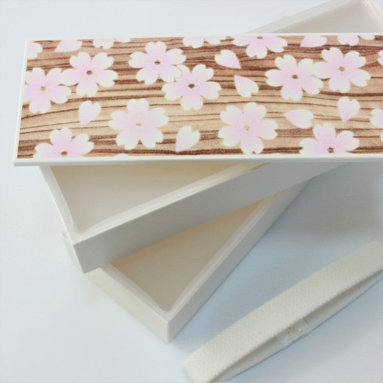 Overhead view showing the lid and layers of the Sakura Mokume Slim Pink 2 Tier Bento Box