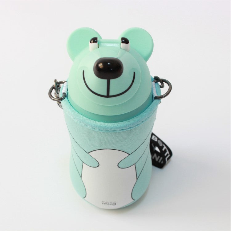 Close up view of the animal bottle ice blue showing the face of the bear