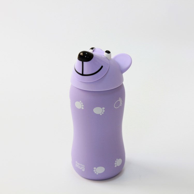 Animal bear drink bottle without jacket. Paw prints around the surface. 