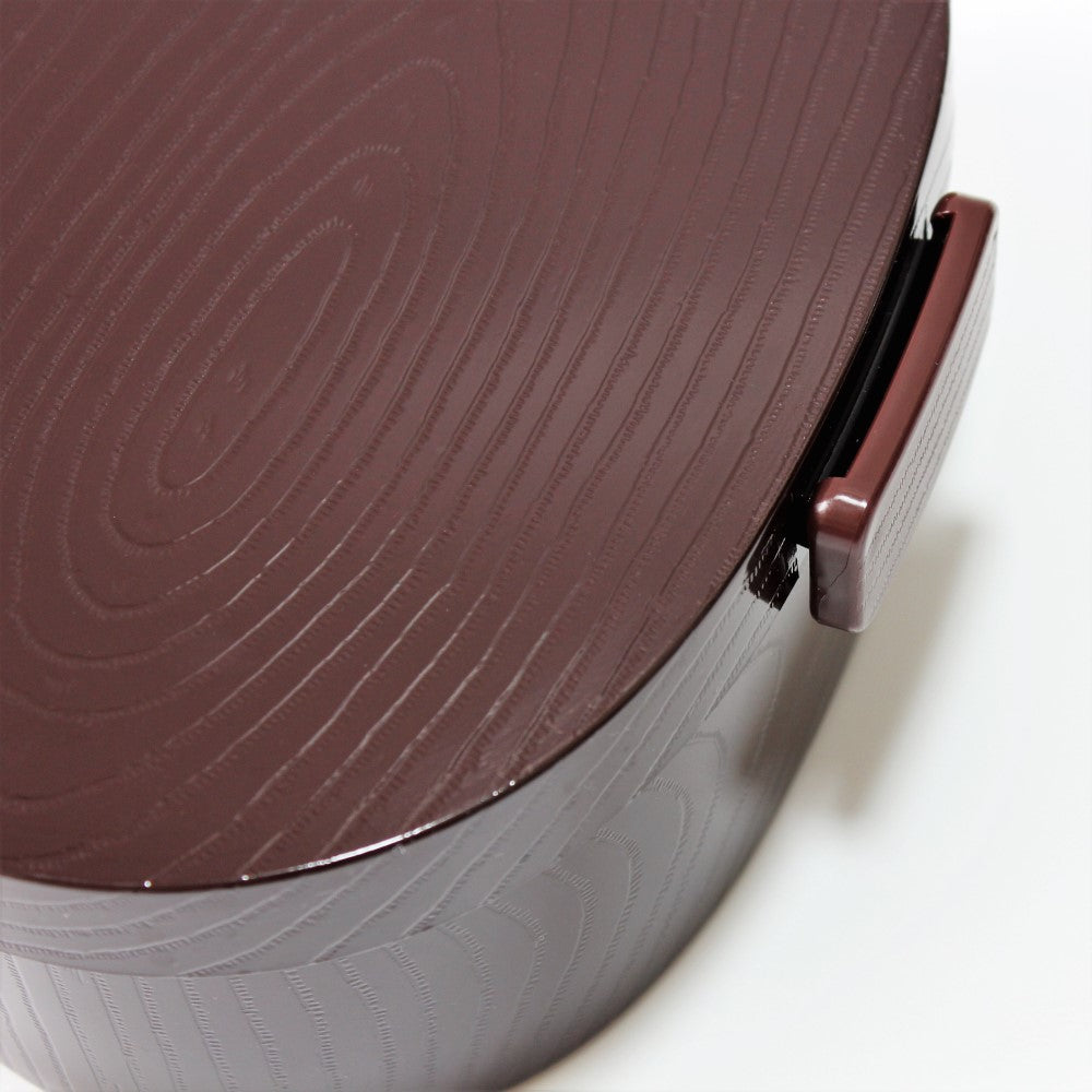 Close up view showing the wood grain pattern on the surface of this bento lunch box  made in Japan