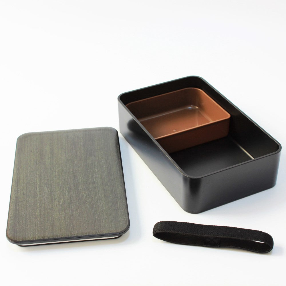 View showing opened walnut woodgrain bento box