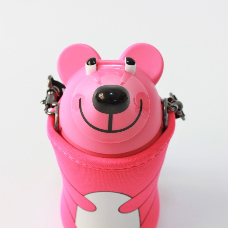 Close up view showing bear face of the lid animal bottle from thermo mug