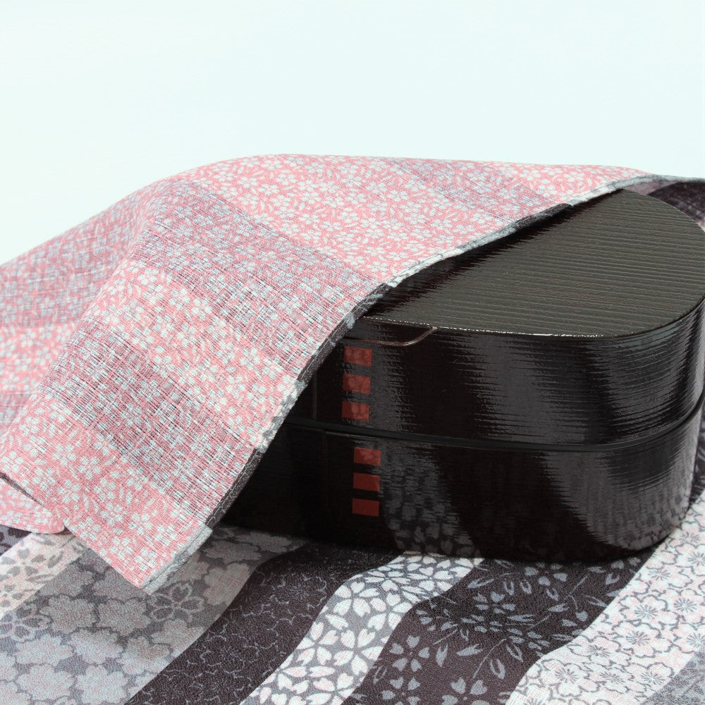 Japanese furoshiki Sakura stripes cover a mage wappa bento box. Made in Japan.