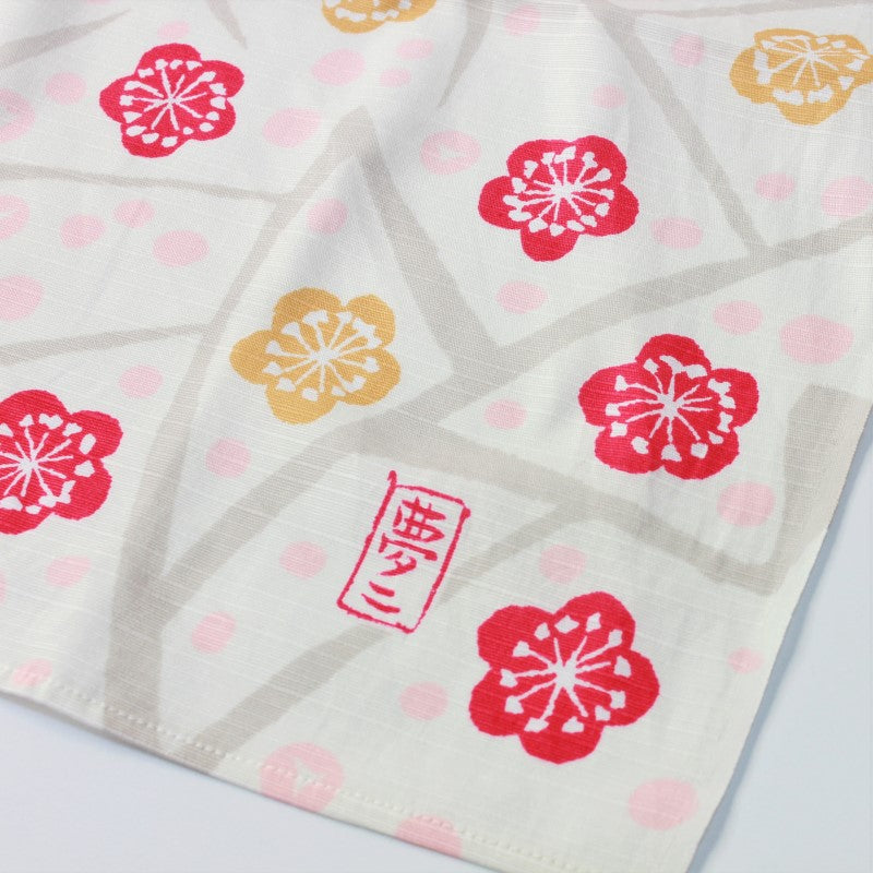 Photo showing Yumeji Takehisa logo on the furoshiki cloth, with the Japanese apricot plum flowers in the backdrop