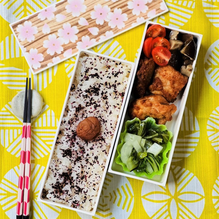 Photo showing food content prepped inside the Sakura Mokume Slim Pink 2 Tier Bento Box