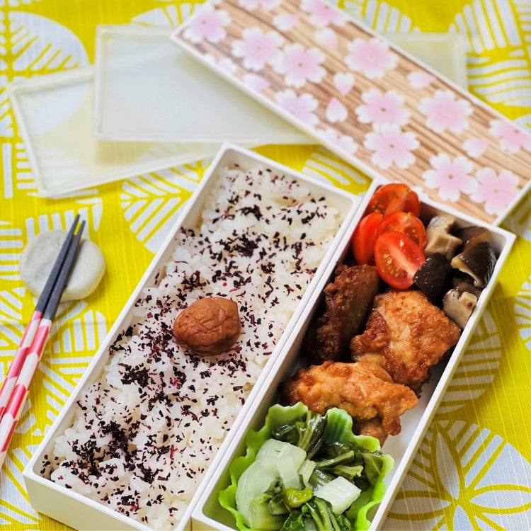 Rice, chicken, vegeble bento inside the Sakura Mokume Slim Pink 2 Tier Bento Box