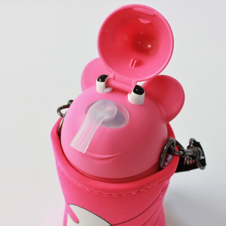 opened cap showing the straw to drink from of the animal bear bottle from thermo mug