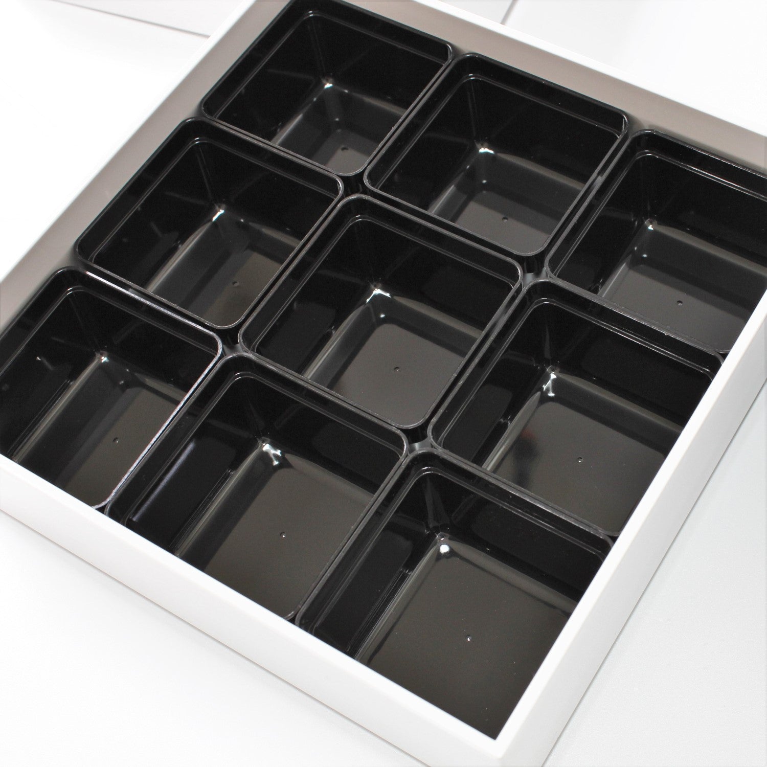 Nine smaller containers which can hold a variety of foods. 