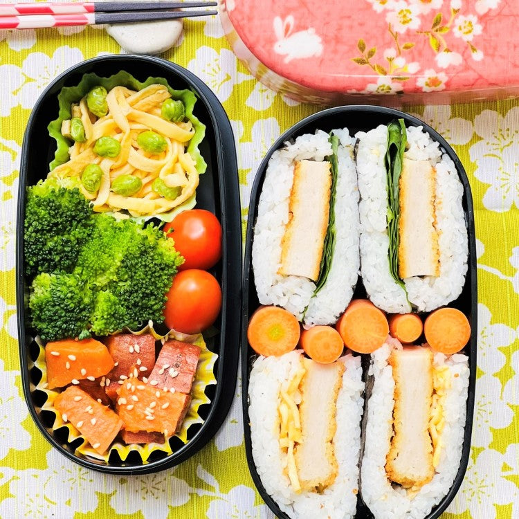 Bento lunch inside the sakura usagi pink bento box