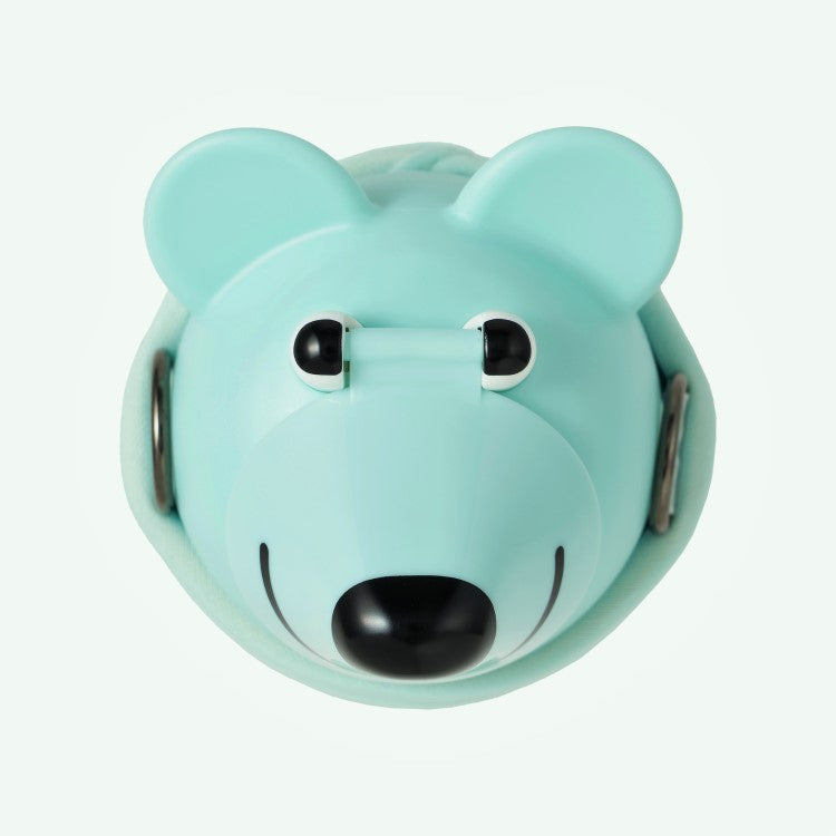 Close up view of the bear face of the ice blue animal drink bottle from thermo mug