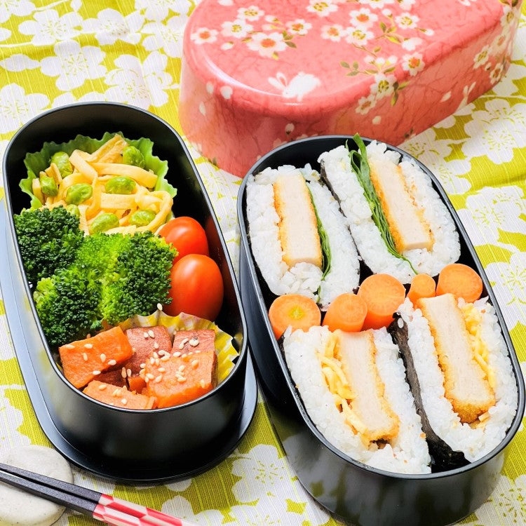 Onigiri sandwich with chicken katsu, and veges bento lunch inside the Sakura Usagi Pink 2 Tier Bento Box