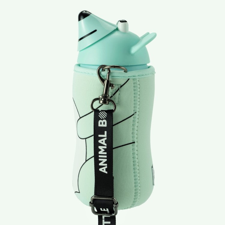 Side view of the ice blue animal bottle showing the jacket with appended strap