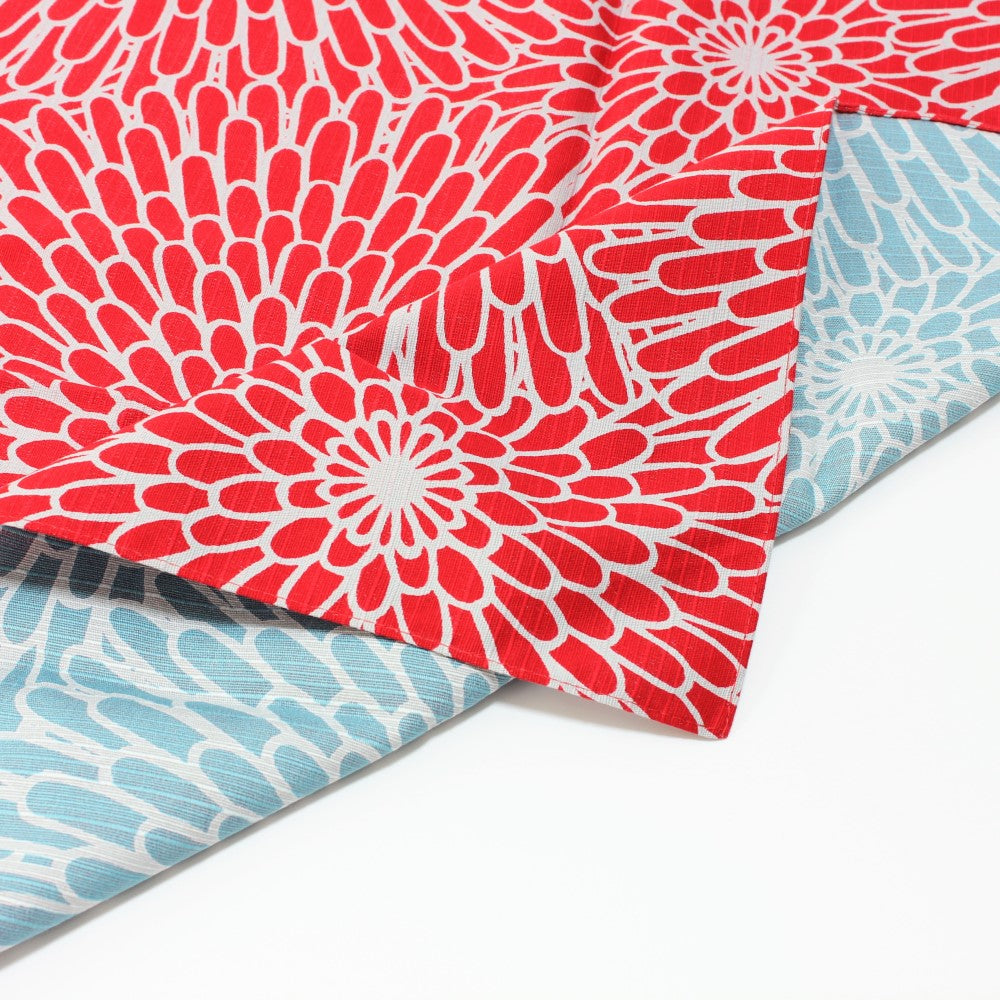 Chrysanthemum flowers adorning both sides of this reversible furoshiki from Majime Life. 
