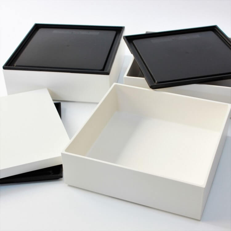 3 layers of the white yukimi picnic bento box arranged side by side