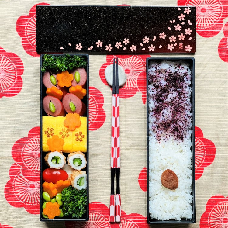 Overview photo showing the bento prepped in the sakura crimson long slim 2 tier bento box