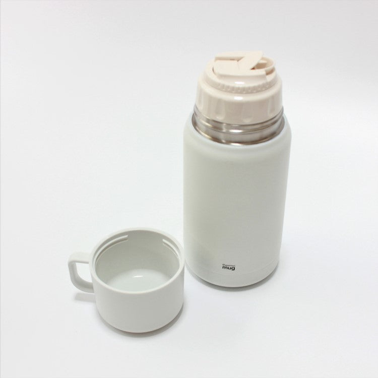 Out lid cup removed and spout open of this white 500ml drink bottle from thermo mug