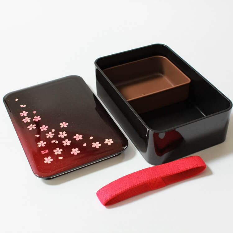 sakura crimson 1 tier bento box with lid open