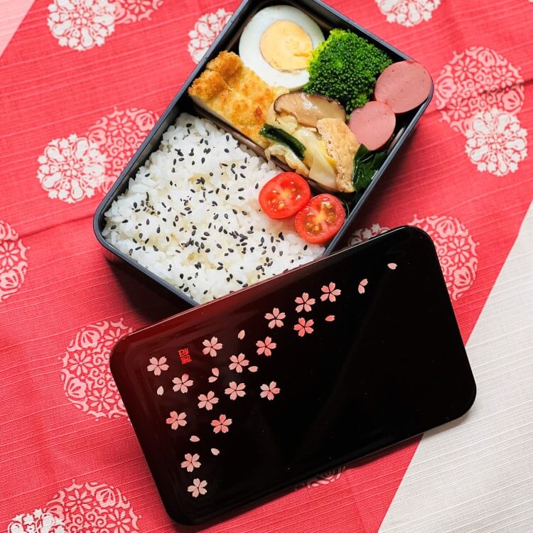 overhead photo of food inside bento box