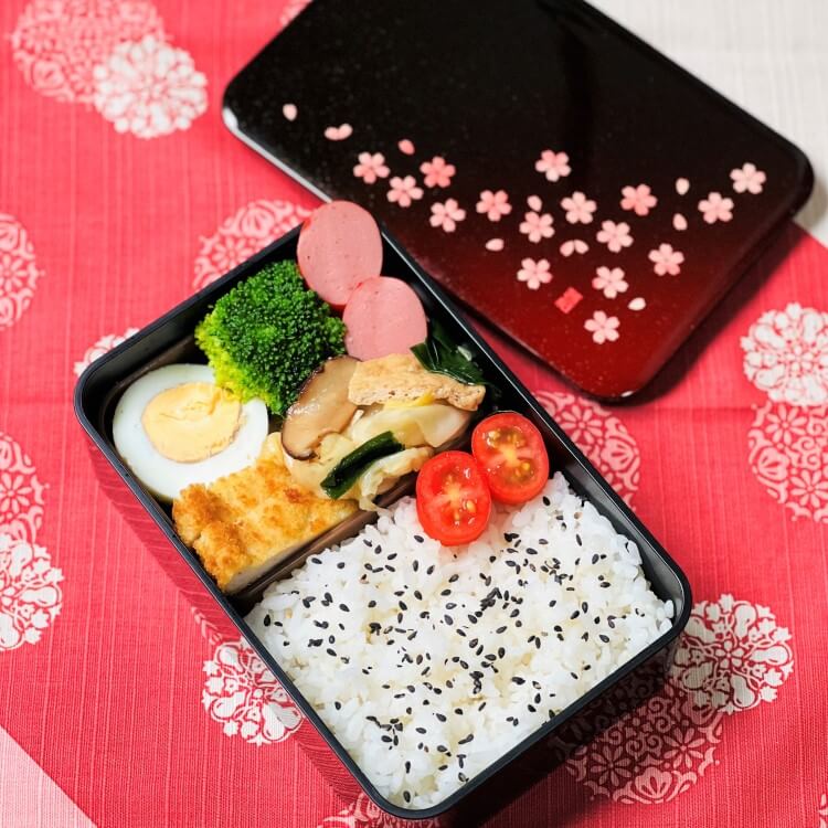 photo showing rice and bento side dishes in sakura crimson 1 tier bento box