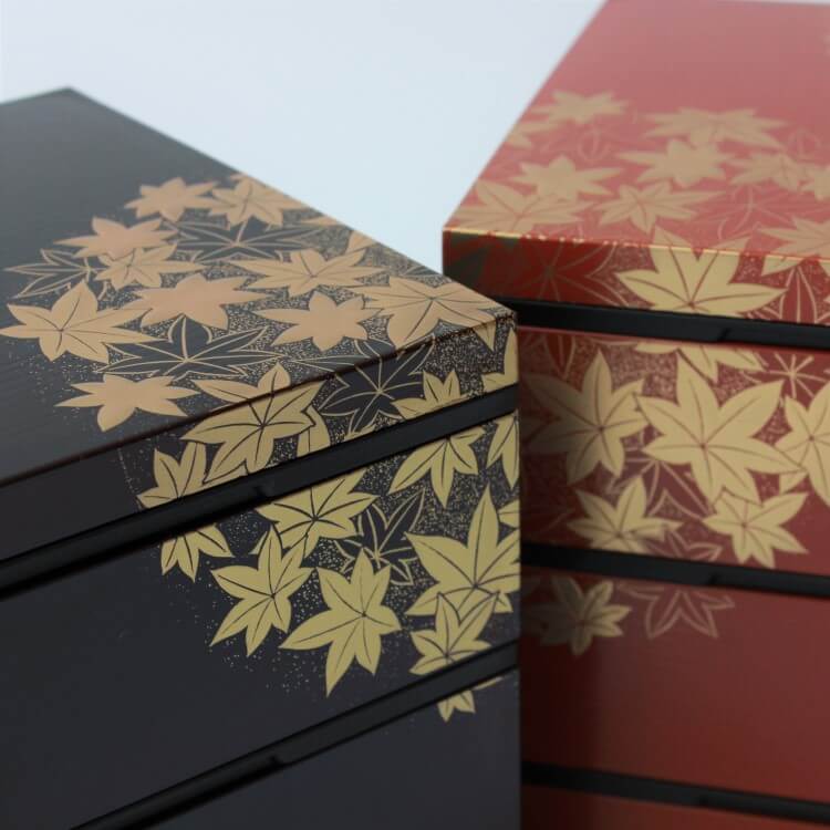 two shot of brown and vermillion hanamaru picnic bento boxes